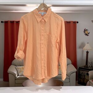 Blue Sol Womens Linen Rayon Solid Peach Button Down Roll Tab Sleeve Top Sz M NWT